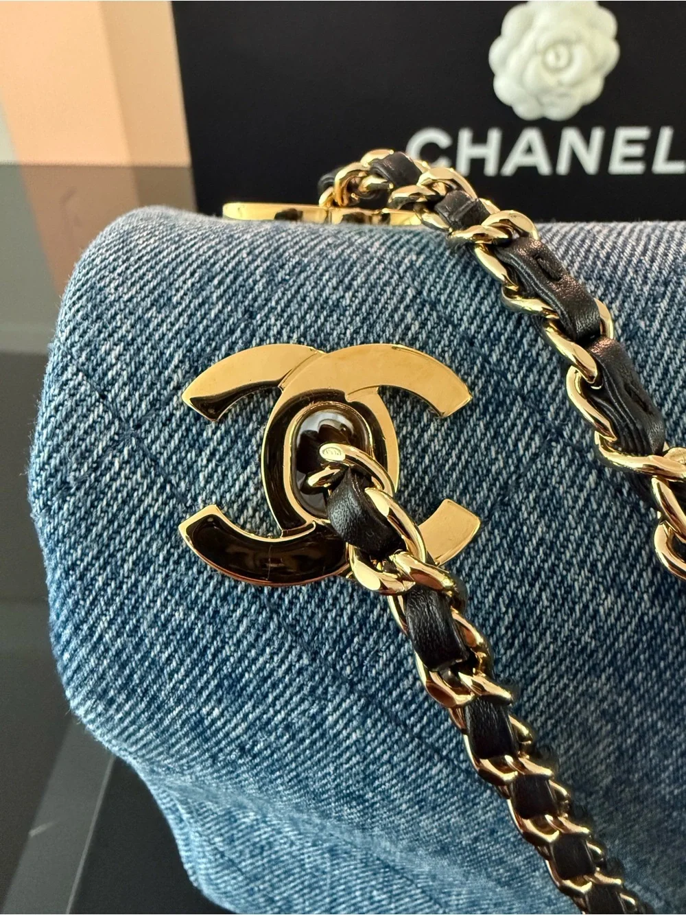 CHANEL Light Blue Denim Quilted Flap Shoulder Bag with Gold Hardware